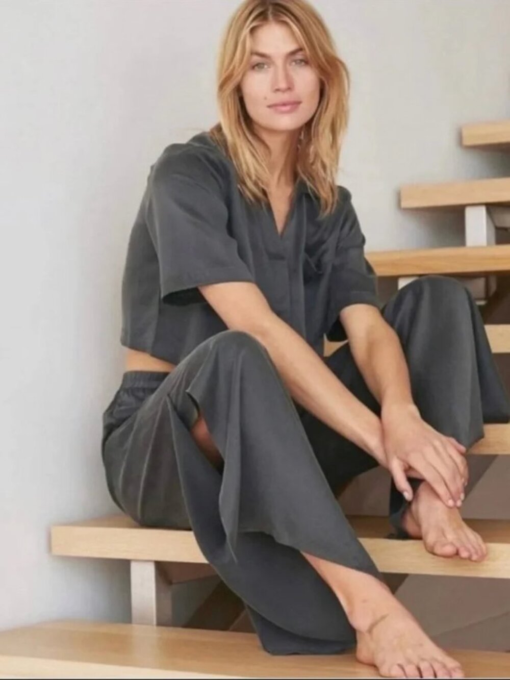 Lunya Washable Silk High Rise Pant with Slit Size Medium Gray (PANT ONLY)